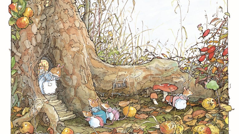 Illustration of a mouse at the door at the bottom of a oak tree